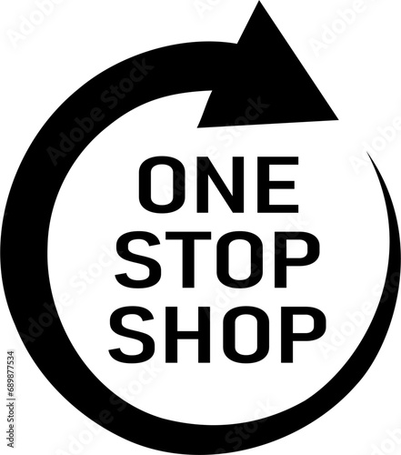 Black and white vector graphic of a spiraling arrow with a message of One Stop Shop in the centre. Could be used for a service company company.
