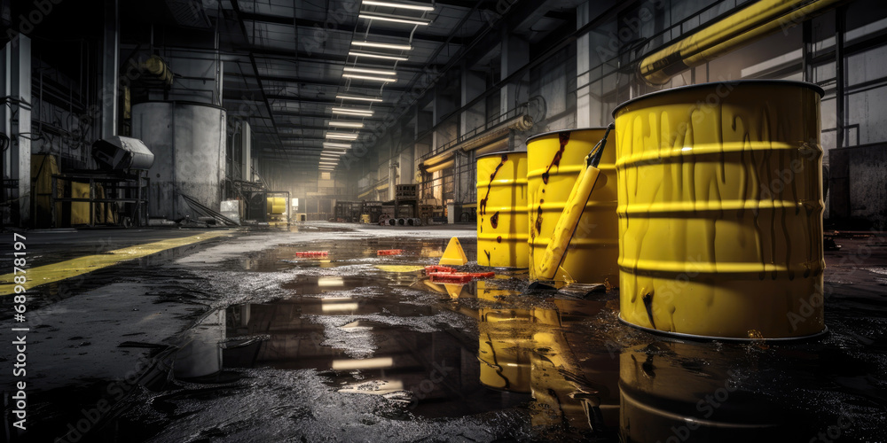 Toxic chemical spill in a factory, with hazardous materials - obrazy, fototapety, plakaty 