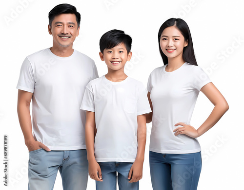 Happy family, Father, Daugther and son, smilling happiness moment, wearing white T-shirt on white background, Created using genertive AI tools  photo