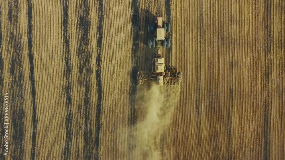 Eco farm field, tractor plough and drone aerial perspective view of machine farming soil, agro development or production. Agriculture, sustainable agribusiness and vehicle for organic plantation crop