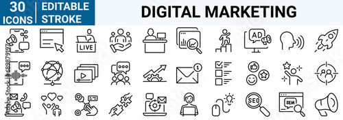 set of 30 line web icons Digital marketing. Containing seo, content, website, social media. Editable stroke.