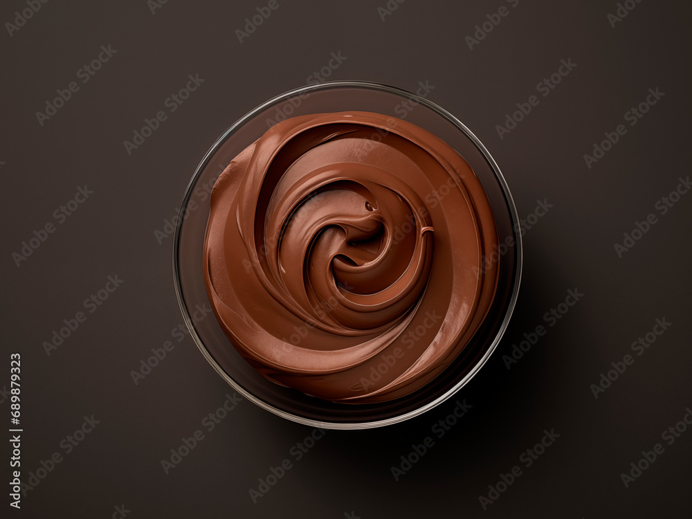 Bowl of hazelnut cream, chocolate paste swirl on black background - obrazy, fototapety, plakaty 