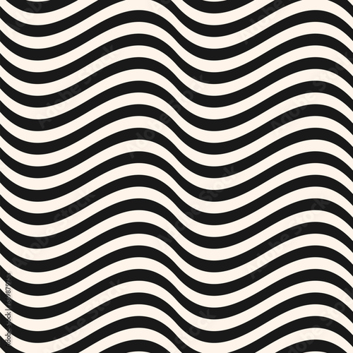 Ð¡urved wavy lines vector seamless pattern. Simple texture with black and white waves, stripes. Dynamic 3D effect, illusion of movement. Abstract ripple background, flow, fluid surface. Repeat design