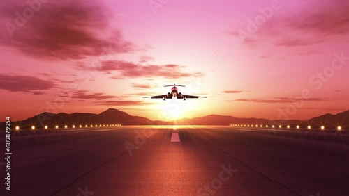 Front view of airplane landing during beautiful pink sunset. 3D animation. 4k. photo