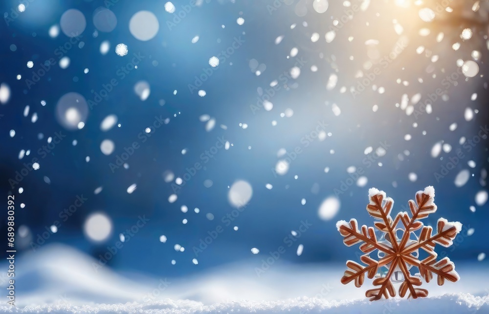 Beautiful decorative snowflakes in the snow against a blue natural background with falling snow and bokeh. Christmas winter background for design
