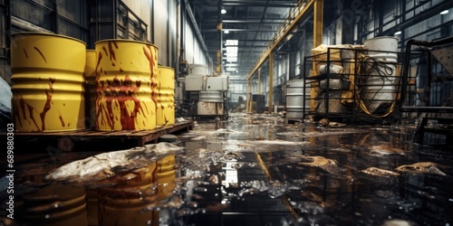 Toxic chemical spill in a factory, with hazardous materials photo
