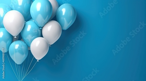Bunch of bright glossy balloons on blue background, space for text. anniversary, birthday background