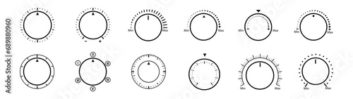 Adjustment disc. Rotary dials with round and semi-circular volume scale and round knob, set of knobs with risque dial on white background eps10 photo