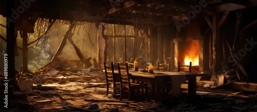 Fire-damaged residence with scorched roof beams and singed furnishings.