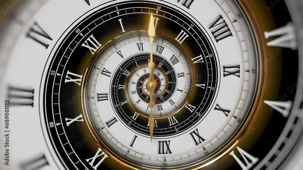 Abstract modern white spiral clock dial with roman numerals. Concept of Infinite time, deadline, scheduling, time and space, past, present and future.