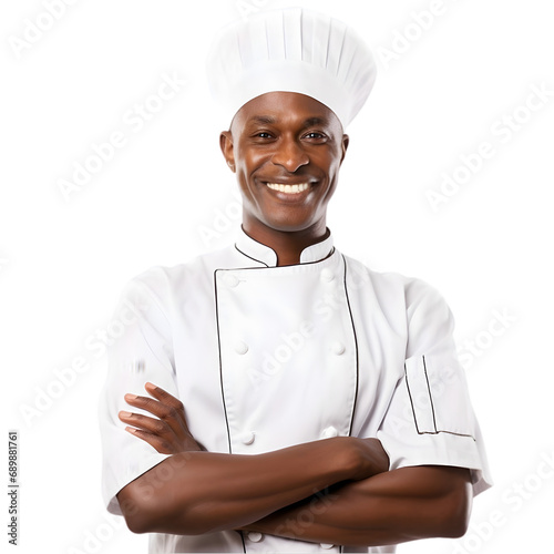 Cheerful mature Afro American cook man posing and smiling at camera, chef in an apron png format on transparent background Fictional Person, Generative AI
