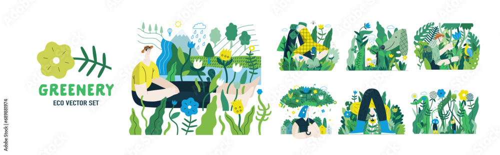 Greenery, ecology -modern flat vector concept illustration of people and plants. Metaphor of environmental sustainability and protection, closeness to nature, green life, ecosystem and biosphere - obrazy, fototapety, plakaty 