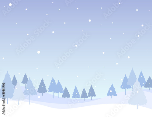 A vector illustration of a forest landscape with light blue snowfall. © Mimi Art Smile