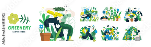 Greenery, ecology -modern flat vector concept illustration of people and plants. Metaphor of environmental sustainability and protection, closeness to nature, green life, ecosystem and biosphere photo
