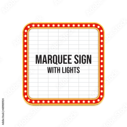 Marquee sign with lights. Vintage movie theater letter board signage, red frame with gold borders, flashing light bulbs. Backdrop for listing the names of current performances or upcoming musical acts