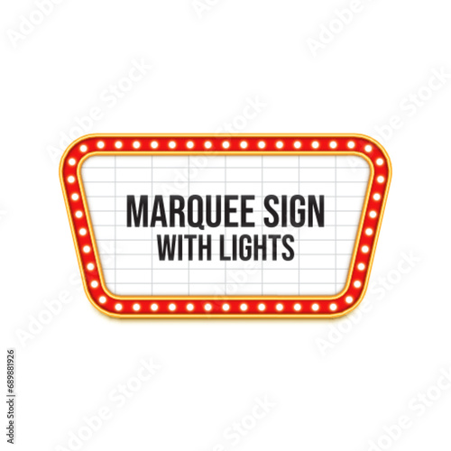 Marquee sign with lights. Vintage movie theater letter board signage, red frame with gold borders, flashing light bulbs. Backdrop for listing the names of current performances or upcoming musical acts
