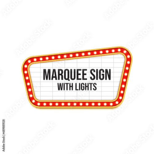 Marquee sign with lights. Vintage movie theater letter board signage, red frame with gold borders, flashing light bulbs. Backdrop for listing the names of current performances or upcoming musical acts