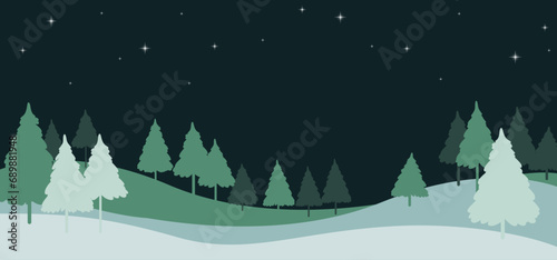 Night view in a forest trees and starlight. Flat vector illustration.