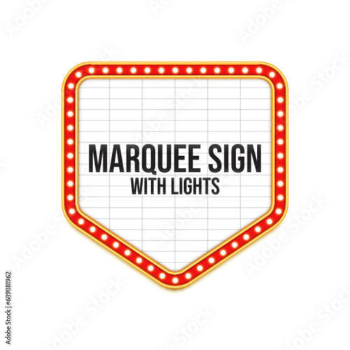 Marquee sign with lights. Vintage movie theater letter board signage, red frame with gold borders, flashing light bulbs. Backdrop for listing the names of current performances or upcoming musical acts