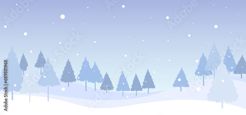 A vector illustration of a forest landscape with light blue snowfall.