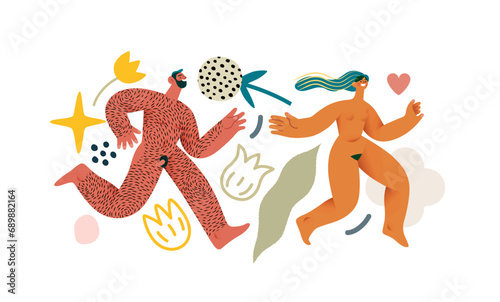 Valentine  Love Chase - modern flat vector concept illustration of laughing naked couple running in a floral environment. Metaphor of sex  affection  love  pursuit in romance
