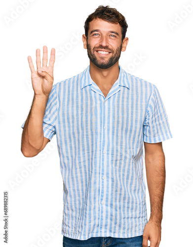Handsome young man with beard wearing casual fresh shirt showing and pointing up with fingers number four while smiling confident and happy.
