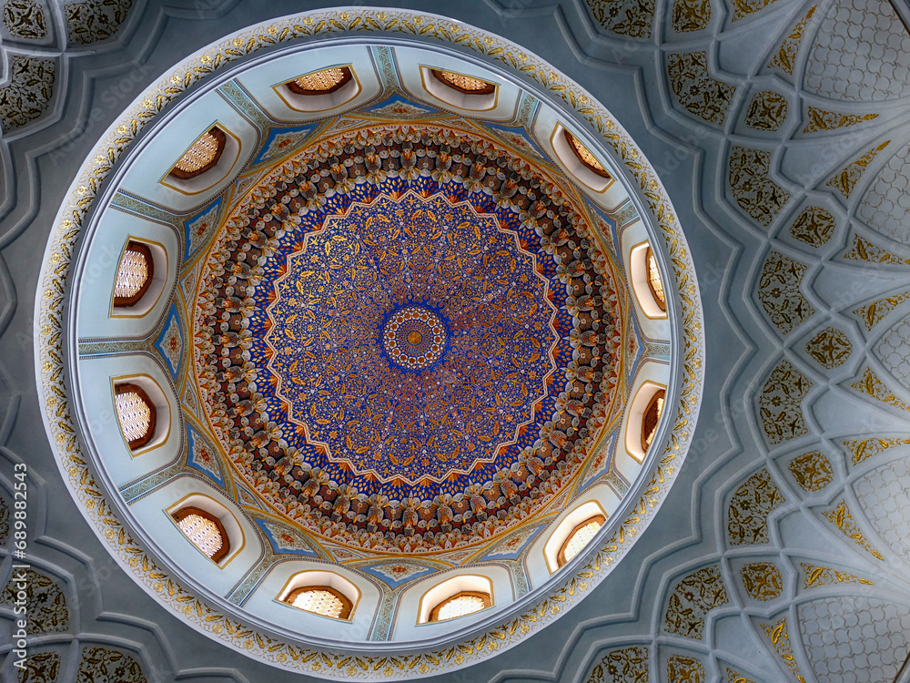 Hazrati Imam Mosque interior dome, mihrab, qibla and minbar, Tashkent,