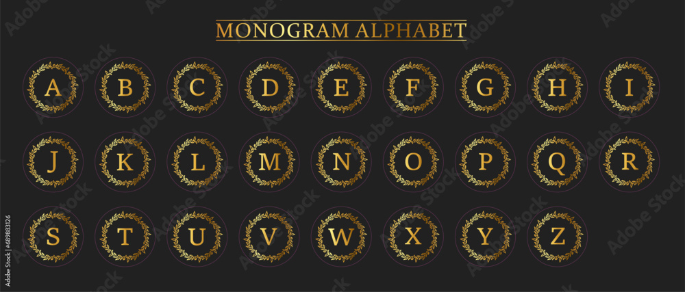 Monogram Gold Alphabet and Floral Motifs, Monogram Letters with Line Floral Arrangements Monogram Gold Alphabet and Floral Motifs, Monogram Letters with Line Floral Arrangements