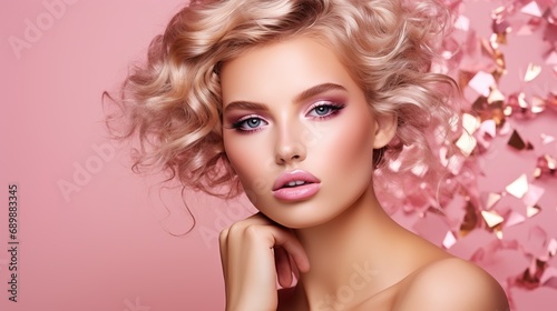 Pink Woman skin. Beauty fashion model girl with Gold Pink metallic make up, hair and jewellery on pink background. Metallic, glance Fashion art portrait, Hairstyle and make up 