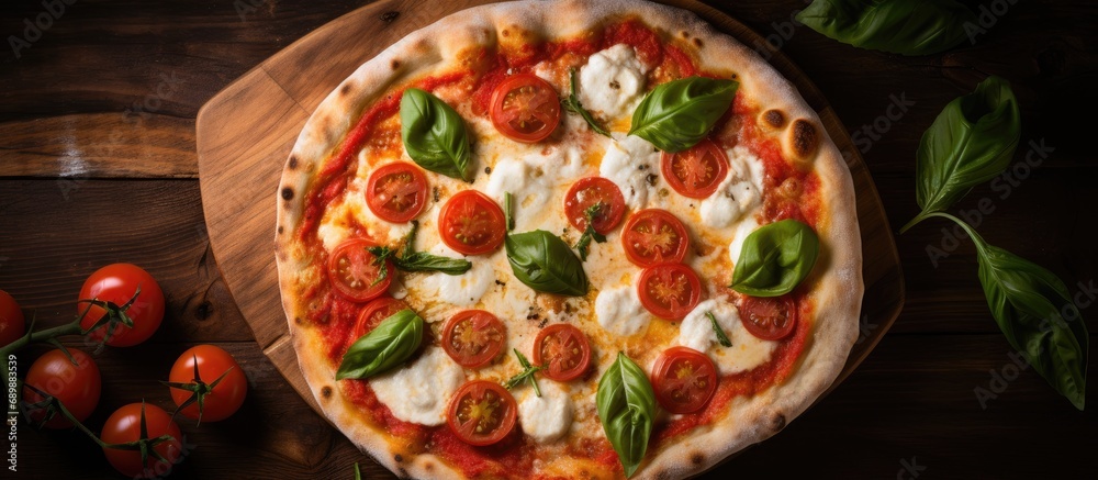 A pizza Margherita seen from above on a table.