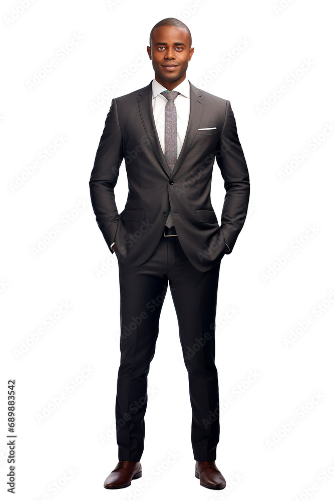 Full body shot of African business man posing powerful over isolated transparent background Full body shot of African business man posing powerful over isolated transparent background