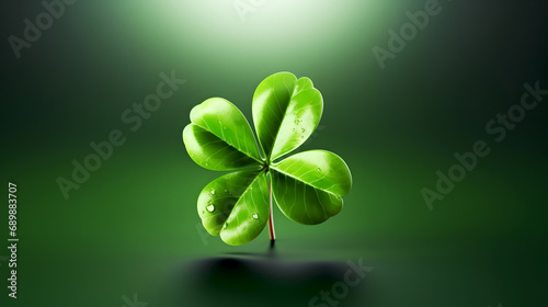 Lone clover leaf on green background, beacon of Irish fortune. Vibrant green shamrock with dew, fresh symbol of hope. Single four-leaf clover standing tall, the epitome of luck and St. Patrick's Day