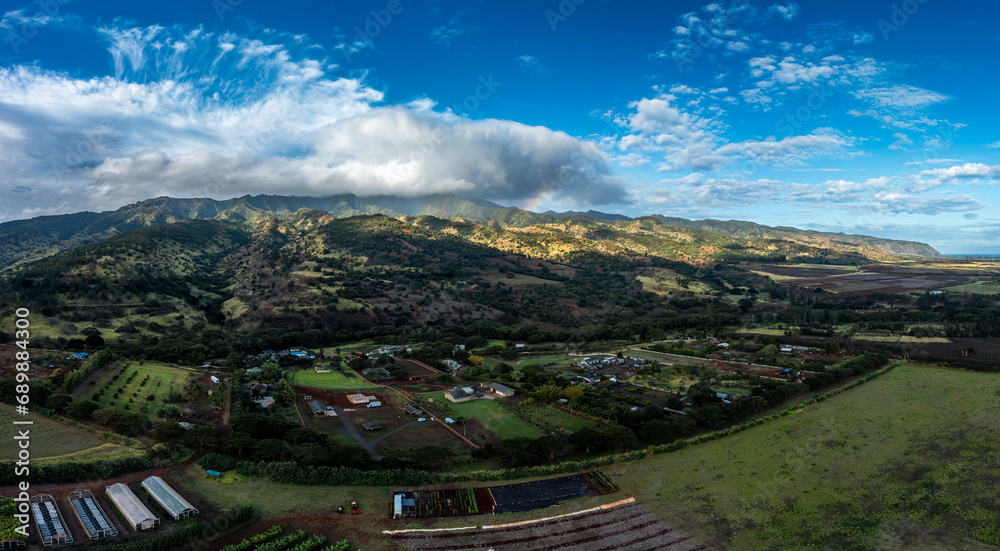 Aerial view of mountain ranges of Northern Oahu