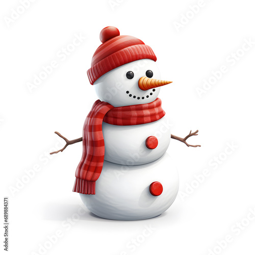 Snowman illustration in red hat and scarf isolated on white background