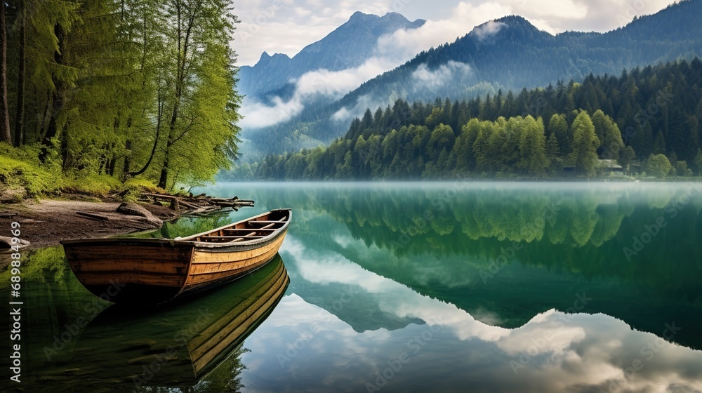 wooden boat on a mooring mountain lake. Wooden boat parked next to a old wooden dock with mountains on background. Reflection of the forest in the green water