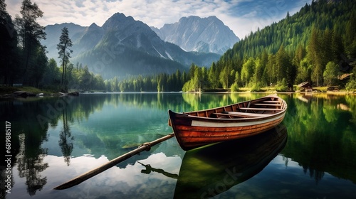 wooden boat on a mooring mountain lake. Wooden boat parked next to a old wooden dock with mountains on background. Reflection of the forest in the green water © Boraryn