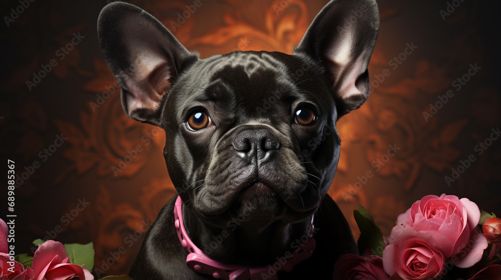 french bulldog dog with valentines rose on head. generative ai