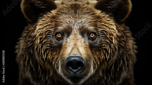 Front view of brown bear isolated on black background. generative ai