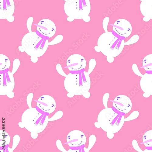 Cartoon winter ice seamless snowman and snowflakes pattern for Christmas tree and packaging and new year