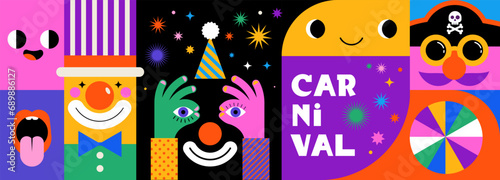 Happy Carnival, colorful geometric background with splashes, speech bubbles, masks and confetti 