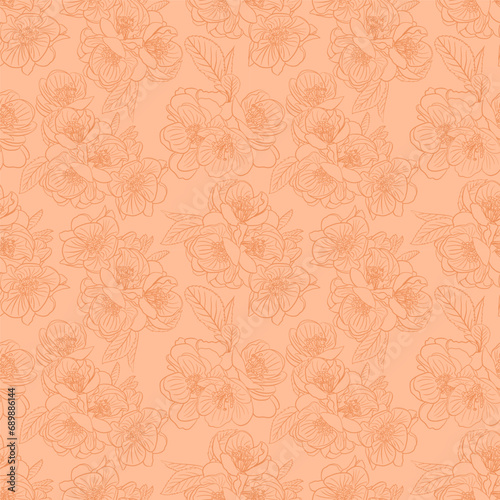 Fototapeta Naklejka Na Ścianę i Meble -  Vector seamless cute pattern of Japanese quince flowers. Silhouettes of flowers against the background of the color of 2024 peach down. A gentle illustration. It is hand-drawn in the style of a sketch