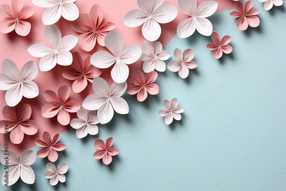 White and pink sakura flowers in cut paper, origami style. Floral background, banner, quilling White and pink sakura flowers in cut paper, origami style. Floral background, banner, quilling