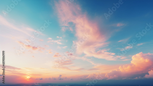 Abstract gradient sunrise in the sky with cloud and blue mix orange natural background. #689886999