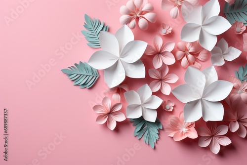 White and pink sakura flowers in cut paper, origami style. Floral background, banner, quilling © Alesia
