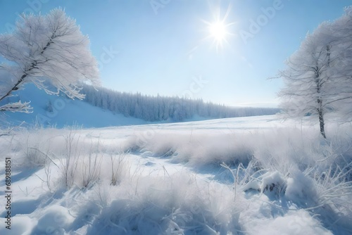 Generate a serene snowy tundra, with frosted vegetation and a vast expanse of untouched snow © ANAS