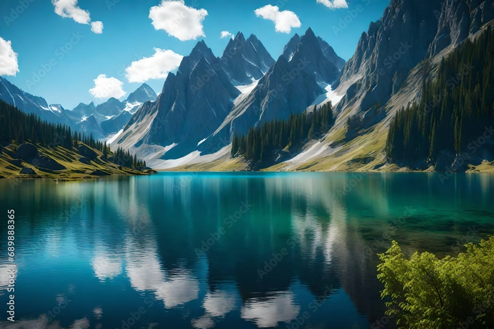 Craft an image of a tranquil mountain lake surrounded by towering peaks, reflecting the surrounding landscape