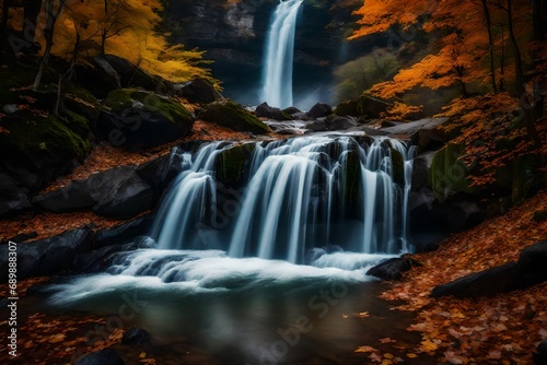 Generate an image of a waterfall framed by autumn foliage  with vibrant colors complementing the rushing water
