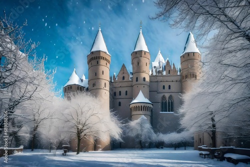 Capture the beauty of a snow-covered castle courtyard, with majestic towers rising amidst a winter wonderland
