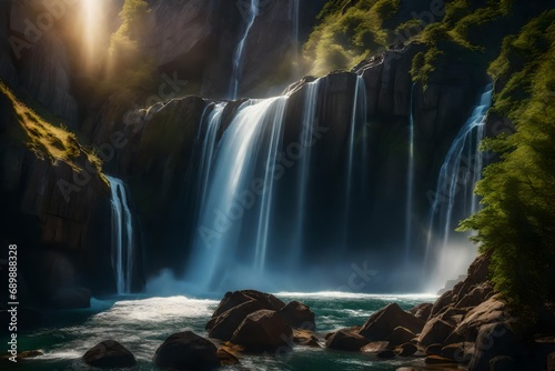 Design a scene featuring a cascading waterfall amidst a rocky canyon, with sunlight creating rainbows in the mist © ANAS