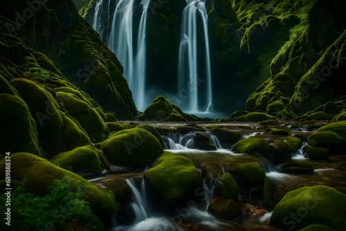 Craft an image of a waterfall hidden within a moss-covered gorge  surrounded by untouched wilderness